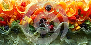 Sliced fruits with vibrant wave of milk and water, ideal for fresh food and drink campaigns. photo