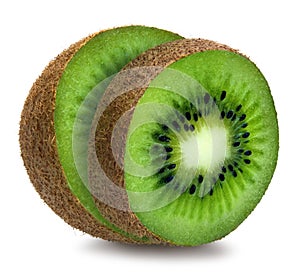 Sliced fuzzy kiwifruit over white