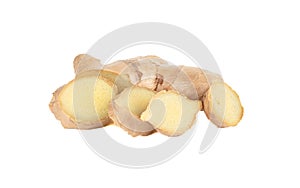 Sliced ginger root isolated on white background.