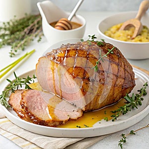 Sliced glazed ham with honey glaze, served with mashed potatoes