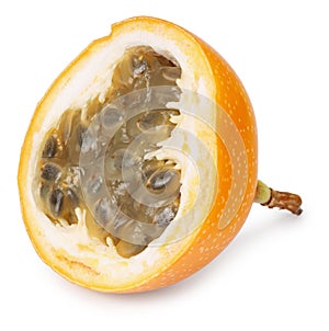 sliced granadilla or yellow passion fruit isolated on white background. exotic fruit. full depth of field