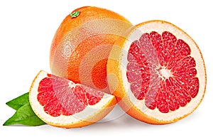 Sliced grapefruit with green leaves isolated on white background. full depth of field. clipping path