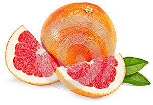 sliced grapefruit with green leaves isolated on white background. full depth of field. clipping path