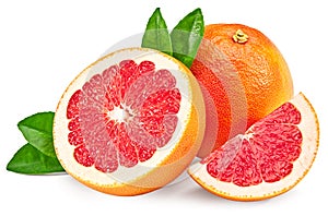 sliced grapefruit with green leaves isolated on white background. full depth of field. clipping path