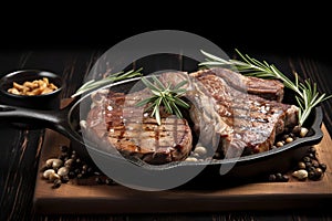 Sliced grilled meat steak Rib eye medium rare set, on wooden serving board, with white beans