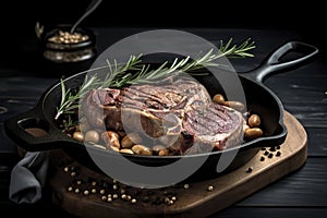 Sliced grilled meat steak Rib eye medium rare set, on wooden serving board, with white beans