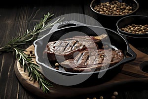 Sliced grilled meat steak Rib eye medium rare set, on wooden serving board, with white beans