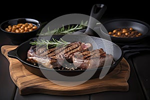 Sliced grilled meat steak Rib eye medium rare set, on wooden serving board, with white beans