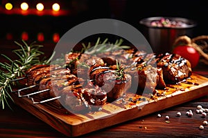 Sliced grilled medium rare beef steak served on wooden board Barbecue, bbq meat beef tenderloin. Top view, slate background