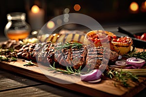 Sliced grilled medium rare beef steak served on wooden board Barbecue, bbq meat beef tenderloin. Top view, slate background