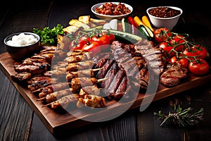 Sliced grilled medium rare beef steak served on wooden board Barbecue, bbq meat beef tenderloin. Top view, slate background