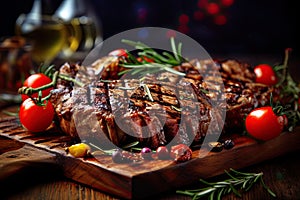 Sliced grilled medium rare beef steak served on wooden board Barbecue, bbq meat beef tenderloin. Top view, slate background