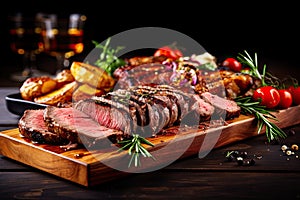 Sliced grilled medium rare beef steak served on wooden board Barbecue, bbq meat beef tenderloin. Top view, slate background