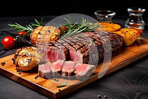 Sliced grilled medium rare beef steak served on wooden board Barbecue, bbq meat beef tenderloin. Top view, slate background