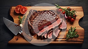 Sliced grilled medium rare beef steak served on wooden board Barbecue bbq