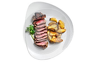 Sliced Grilled rump Beef steak with potato. Isolated on white background.