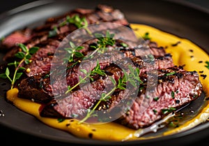 Sliced grilled steak garnished with fresh herbs on a plate