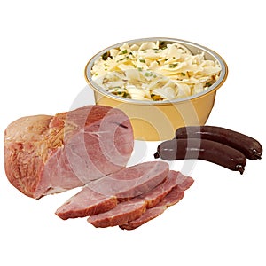 Sliced ham with cheese and sausag,pork white background