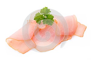 Sliced ham isolated on white background, top view.