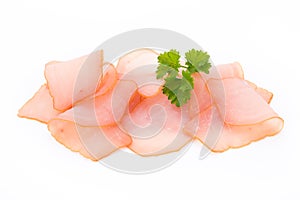 Sliced ham isolated on white background, top view.