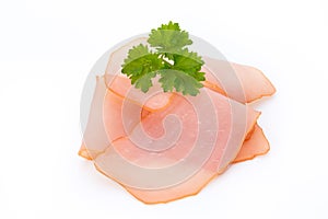 Sliced ham isolated on white background, top view.