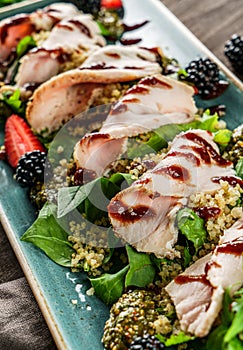 Sliced ham meat with quinoa porridge, salad and blackberry sauce in plate on wooden background. Healthy food, clean eating,