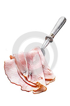 Sliced Ham from pork meat, Prosciutto cotto. Isolated on white background, top view.