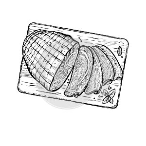 Sliced ham vector sketch. Overhead view of meat on the wooden board.