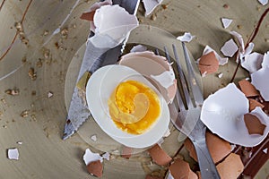 Sliced hard boiled eggs on plate
