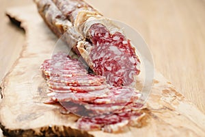 Sliced italian salame close up shot