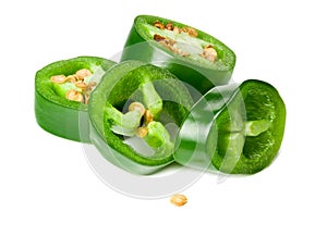 sliced jalapeno peppers isolated on white background. Green chili pepper. Capsicum annuum