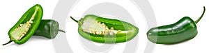 sliced jalapeno peppers isolated on white background. Green chili pepper. Capsicum annuum. clipping path