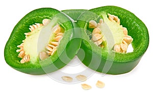Sliced jalapeno peppers isolated on white background. Green chili pepper. Capsicum annuum. clipping path