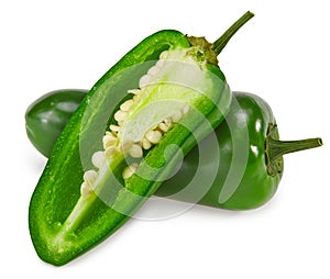 Sliced jalapeno peppers isolated on white background. Green chili pepper. Capsicum annuum. clipping path photo