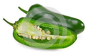 Sliced jalapeno peppers isolated on white background. Green chili pepper. Capsicum annuum. clipping path