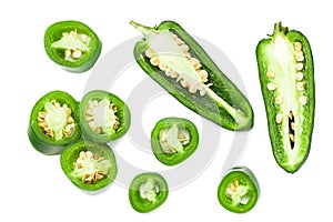 sliced jalapeno peppers isolated on white background. Green chili pepper. Capsicum annuum. top view