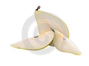 Sliced juicy pear. Isolated on white .