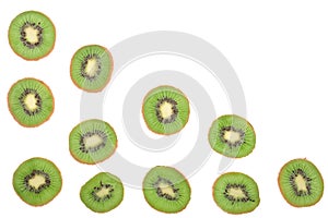 Sliced kiwi fruit isolated on white background, with copy space for your text. Top view