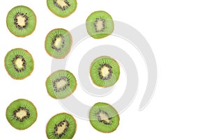 Sliced kiwi fruit isolated on white background, with copy space for your text. Top view