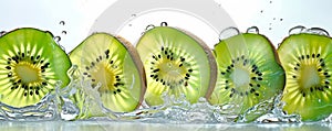 Sliced kiwi fruit splashing in water