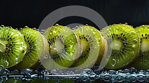 Sliced kiwi fruit with water droplets