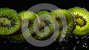 Sliced kiwi fruit with water droplets on black background