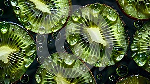Sliced kiwi fruit with water droplets on dark background