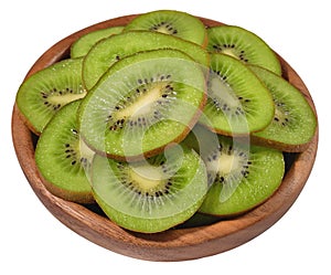 Sliced kiwi fruit in a wooden bowl on a white