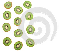 Sliced kiwi fruit isolated on white background, with copy space for your text. Top view