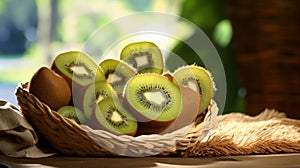 Sliced kiwis, tropical vibe in a stylish basket