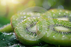 Sliced Kiwis With Water Droplets on a Green Surface