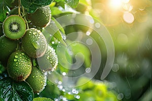 Sliced Kiwis With Water Droplets on a Green Surface