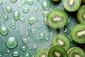 Sliced Kiwis With Water Droplets on a Green Surface