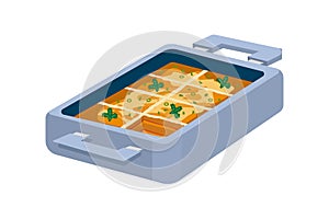 Baked lasagna. Lasagna on the baking pan. Cooked lasagna. Food container.